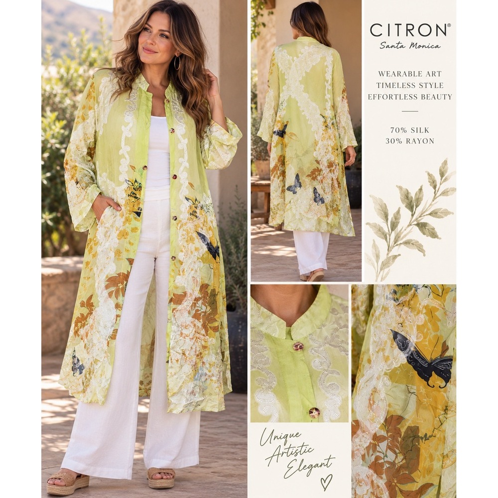 Citron Santa Monica Silk Blend Kimono Cardigan Open Front Jacket Size 0X Green